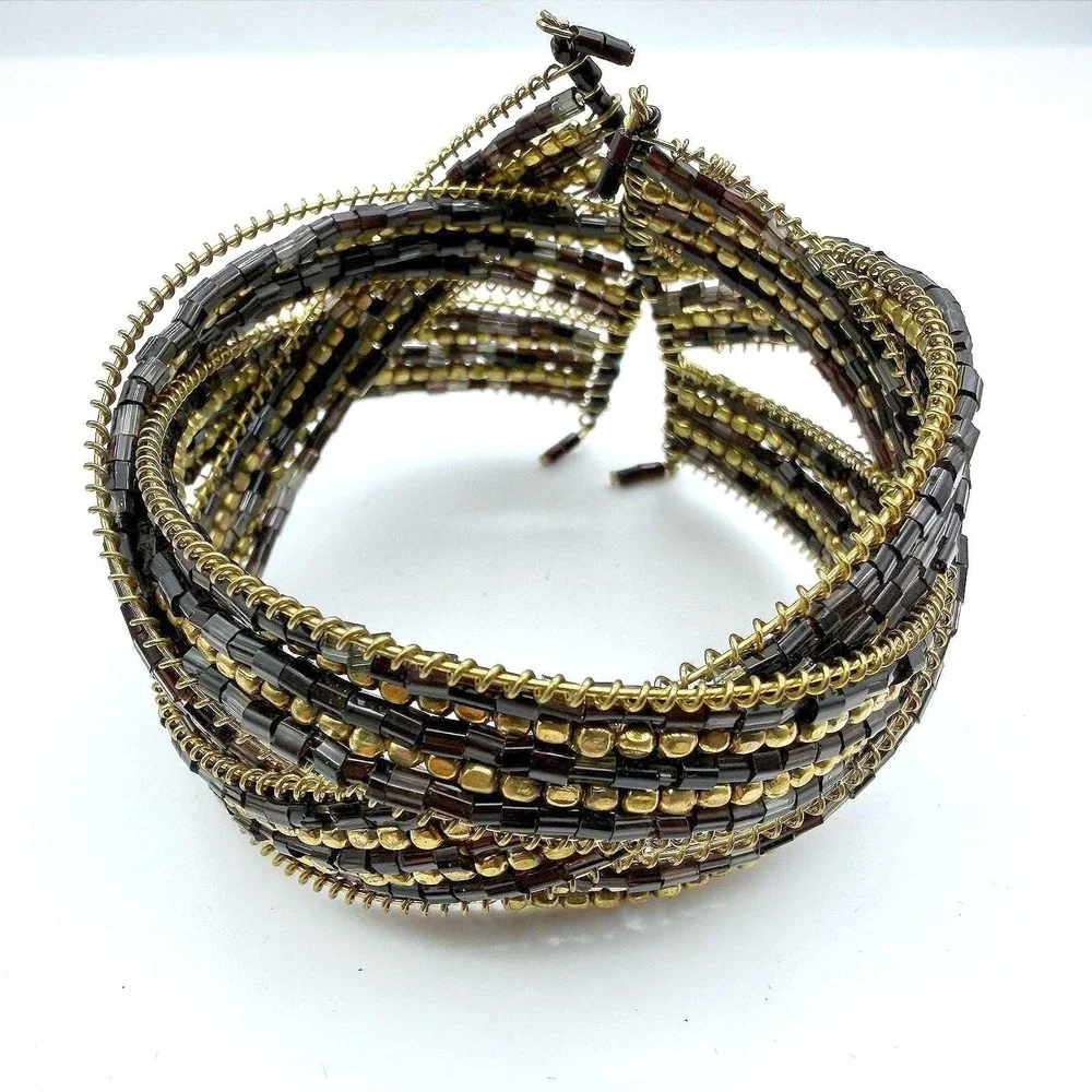 Vintage Cuff Wrap Beaded Braided Bracelet Black Gold Tone‎ Flexible Boho Unisex